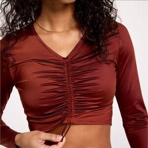 CALIA Long Sleeve Brown Shine Ruched Rash Guard Crop Swim Top Women's Sz XS NEW
